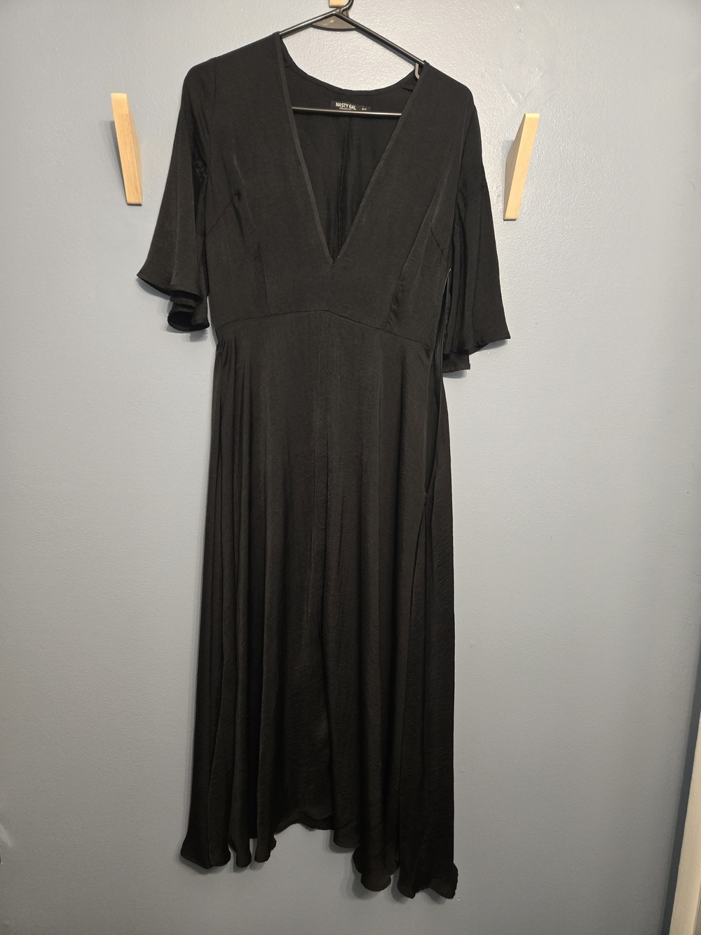 Nasty Gal Black V-Neck Midi Dress with Flutter Sleeves